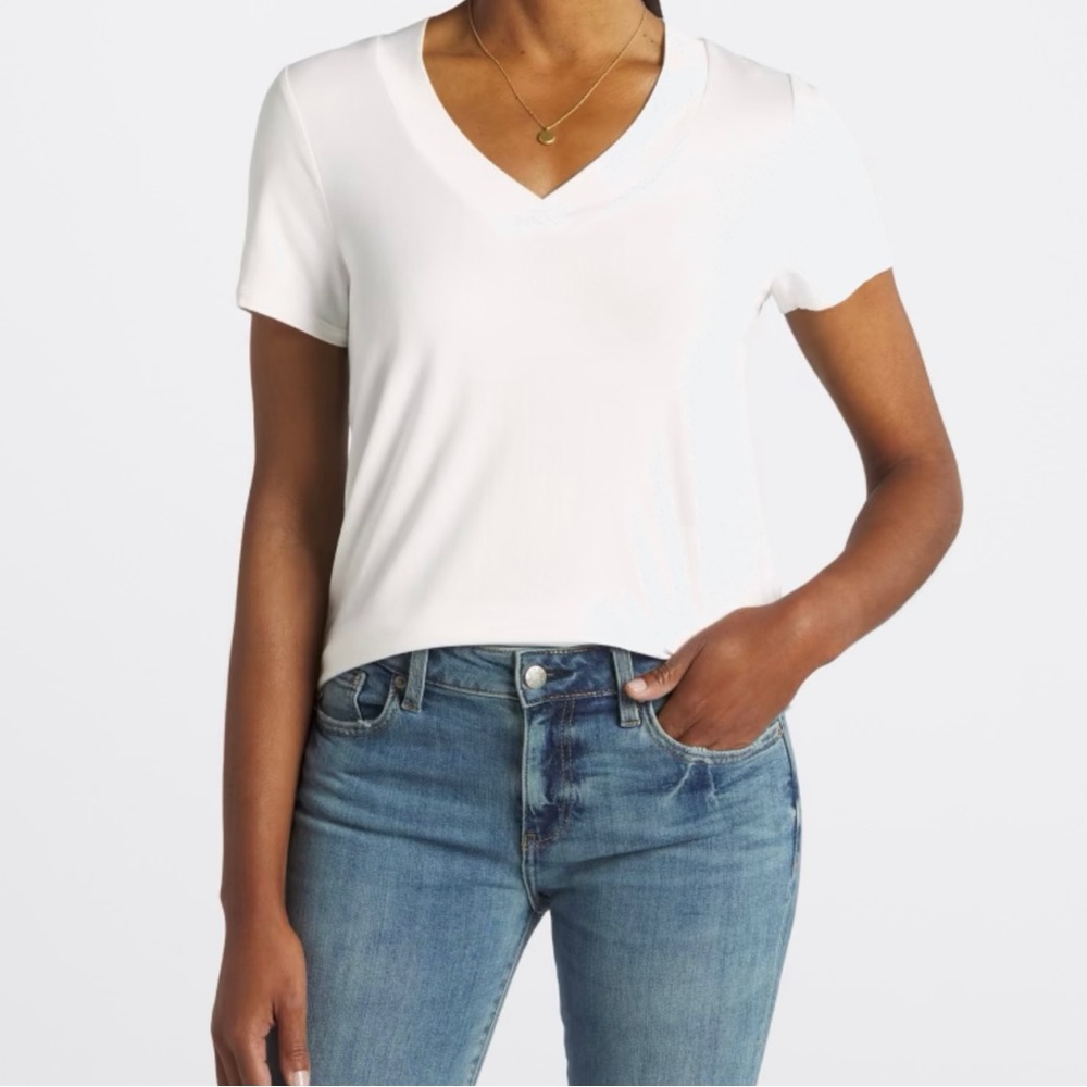 White Overlap V Neck Knit Tee
